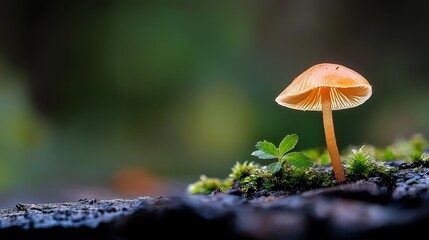 A tight shot of a tiny orange mushroom atop a mossy texture, featuring a nearby green plant in the foreground