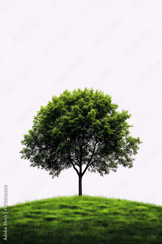 Poster a tree is standing on a hill with a grassy field in the background. the tree is the main focus of th