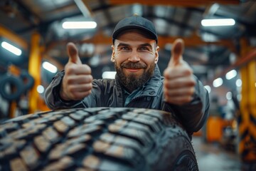 confident mechanic with stubble, wearing a black and grey work uniform, holding a new black tire with his left hand and giving a thumbs up