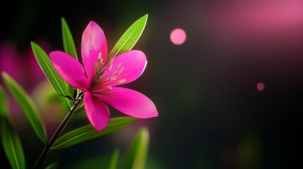  A pink flower with green leaves against a black backdrop, blurred bokeh of light in the background