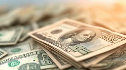 Stacks of cash, close-up of hundred-dollar bills arranged haphazardly, symbolizing wealth, abundance and financial transactions, warm light enhancing the scene.