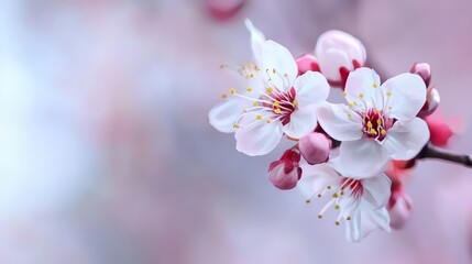  A tight shot of a blooming branch, displaying pink and white blossoms up front, while the backdrop softly blurs