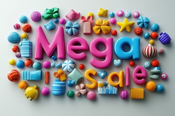 Fototapeta premium Colorful Mega styles text and toys on white background