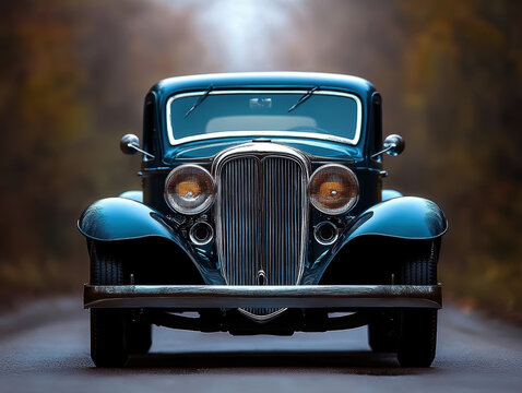 A vintage blue car is parked on a road. The car is old and has a classic design