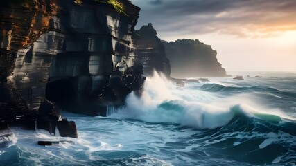 Coastal cliffs with sea caves and crashing waves during a stormy afternoon AI generative.