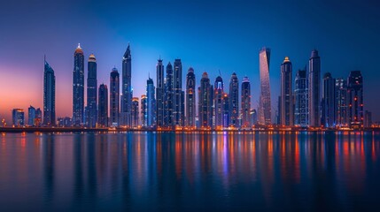 Fototapeta premium Stunning Dubai Skyline at Night with Bright Lights and Reflection on Water
