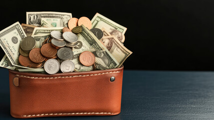 Abundant Wealth, a leather wallet overflowing with assorted coins and U.S. bills, symbolizes financial prosperity and the security of hidden treasures.