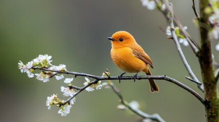 Obraz premium A small yellow bird sits on a tree branch, surrounded by white flowers in the foreground Background softly blurred
