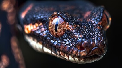 Fototapeta premium A tight shot of a snake's head against a softly blurred backdrop, its eye likewise slightly out of focus