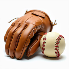 A close-up of a tan leather baseball glove and a beige baseball against a white background.