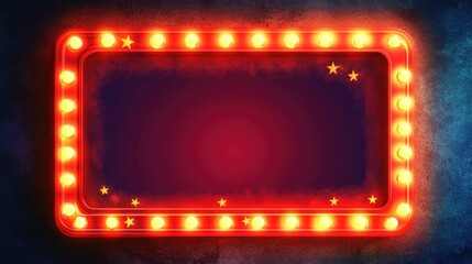 Vector red marquee frame with neon bulb lamps and stars on the edges, glowing against a dark wall, perfect for cinema or show templates.