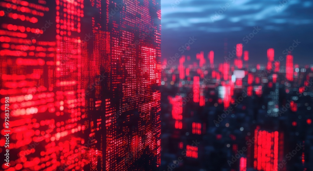 Poster futuristic cityscape with binary code