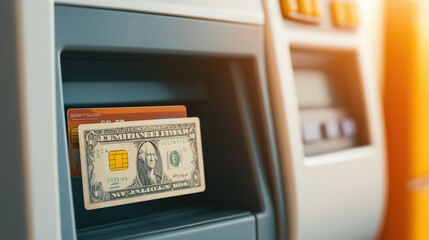ATM with cash and card inserted, depicting modern banking convenience alongside traditional currency, highlighting seamless transactions in daily life