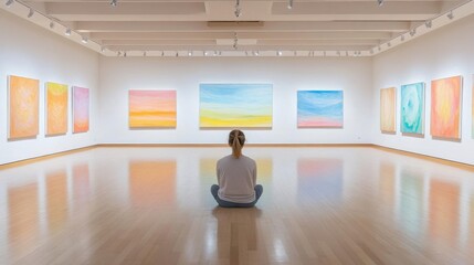A person sitting in a quiet art gallery, absorbing each painting with full attention, practicing mindful observation and appreciation of the art
