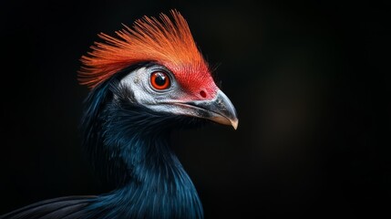 Fototapeta premium A tight shot of a red-headed bird against a black backdrop, its orange feathers crowned atop its head