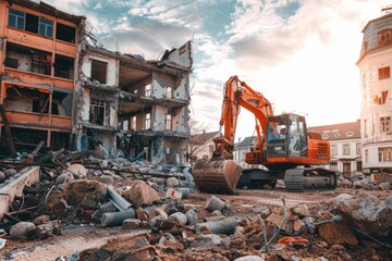 Fototapeta premium An excavator demolishes an old building at a construction site, clearing debris for new development.