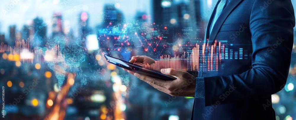 Poster businessman using tablet with futuristic data visualization