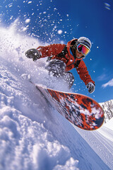 extreme snowboarder jumping on mountain top