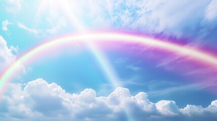 A tranquil sky with soft pastel tones of blue and  A multi-colored rainbow stretches across the scene, its vibrant hues creating a serene and surreal atmosphere