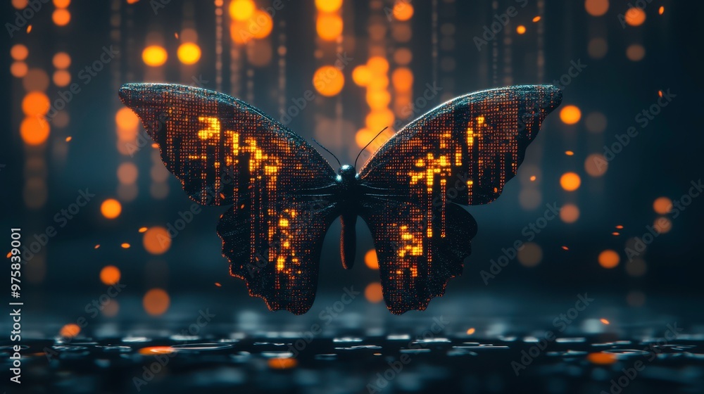 Poster Colorful Butterfly With Digital Binary Code Illuminated by Orange Lights in a Minimalist Setting