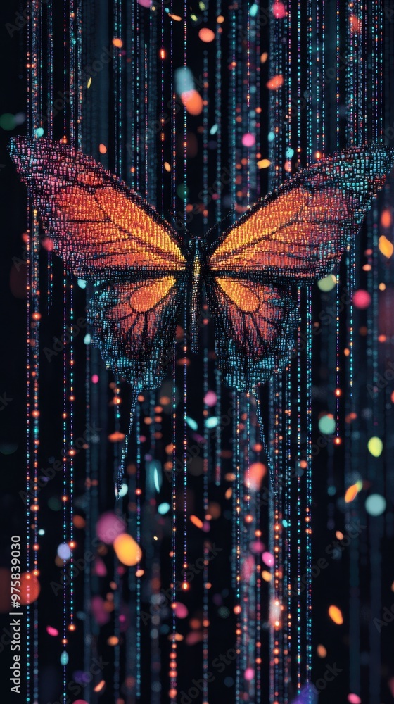 Poster Colorful Butterfly Amidst Digital Binary Code and Vibrant Neon Lights in a Minimalist Setting