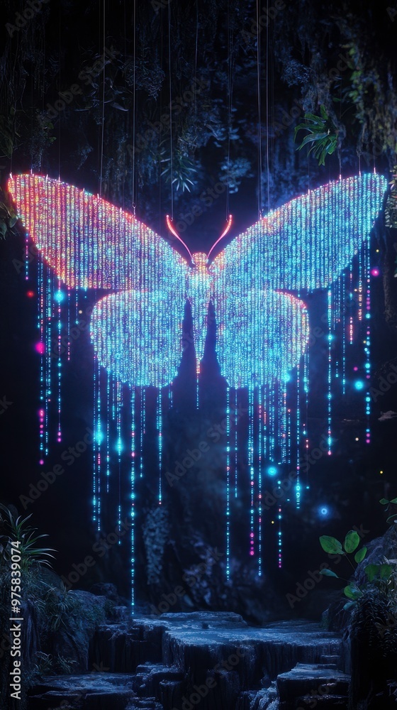 Poster Butterfly Made of Digital Binary Code Illuminated by Neon Lights in a Serene Environment