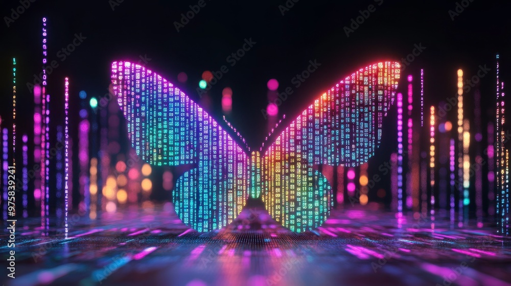 Poster Vibrant Butterfly Made of Digital Binary Code Surrounded by Colorful Neon Lights