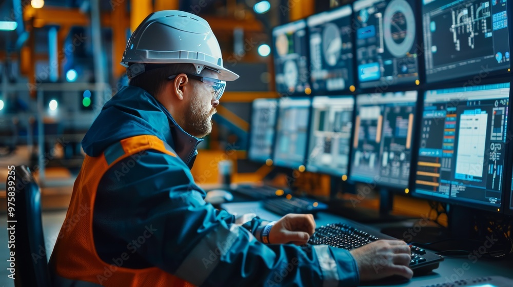 Poster female engineer analyzing data on computer screens in an advanced industrial control room wearing sa