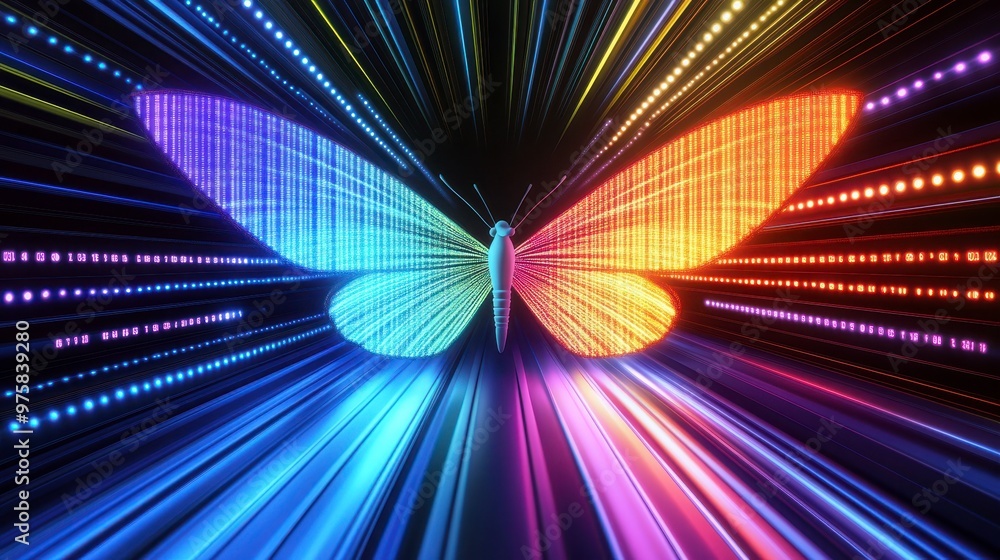 Aufkleber Colorful Neon Butterfly With Digital Binary Code and Flowing Lights in Minimalist High Detail