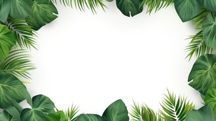 Fototapeta premium Tropical palm leaves forming a border around the edges of the image, leaving a large white area in the center for text.