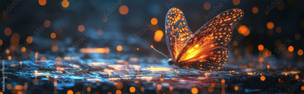 Poster Vibrant Butterfly Surrounded by Digital Binary Code and Colorful Lights in a Minimalist Design