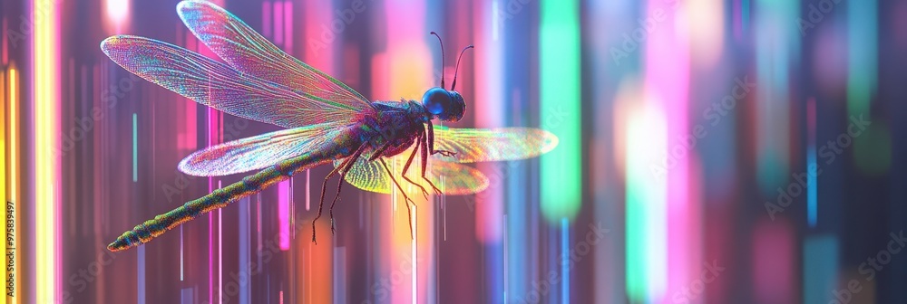 Poster Digital Dragonfly in Vibrant Neon Lights Displaying Intricate Binary Code on a Minimalist Backdrop