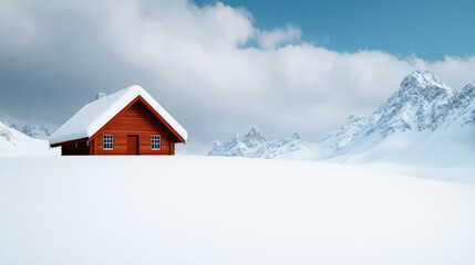 Solitary Cabin in Winter Landscape, vibrant wooden cabin nestled in pristine snow, towering mountains in the background, serene atmosphere under a cloudy blue sky.