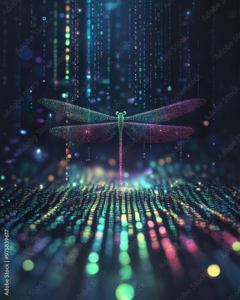 Poster dragonfly emerges from digital code, surrounded by colorful pastel lights in a minimalist scene