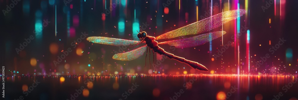 Poster colorful dragonfly raised above digital binary code with flowing neon lights at night