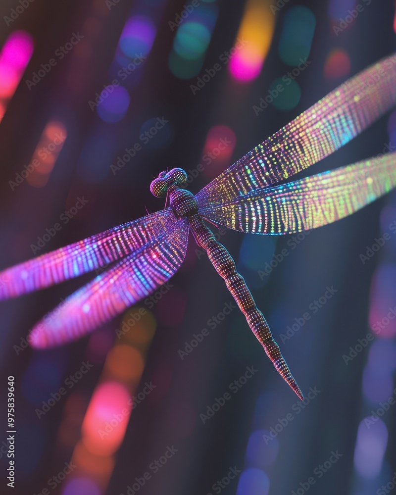 Poster Vibrant Dragonfly Soaring Through Digital Binary Code Illuminated by Colorful Pastel Lights