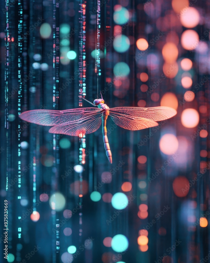 Poster dragonfly emerges through vibrant binary code with pastel lights in a minimalist digital landscape