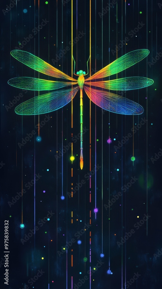 Aufkleber vibrant dragonfly soaring amidst flowing neon lights and digital binary code at night