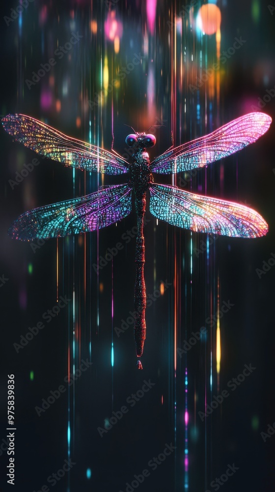 Poster A Vibrant Dragonfly Flies Amidst Colorful Neon Lights and Digital Binary Code