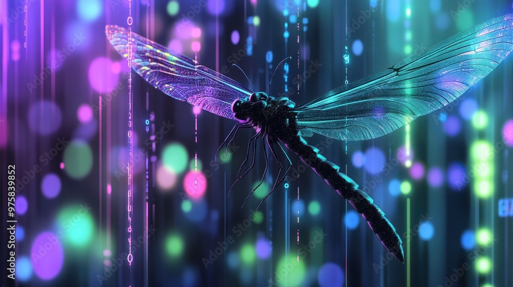 Poster A Vibrant Dragonfly Illuminated by Neon Lights and Binary Code in a Minimalist Digital Landscape