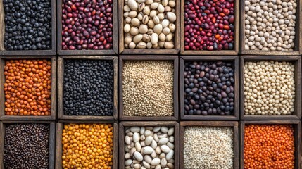 A variety of different colored beans and nuts are displayed in wooden boxes