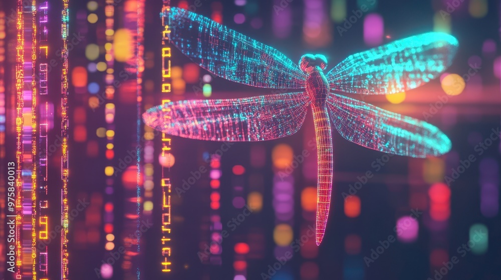 Aufkleber dragonfly rises amidst vibrant digital binary code illuminated by colorful neon lights