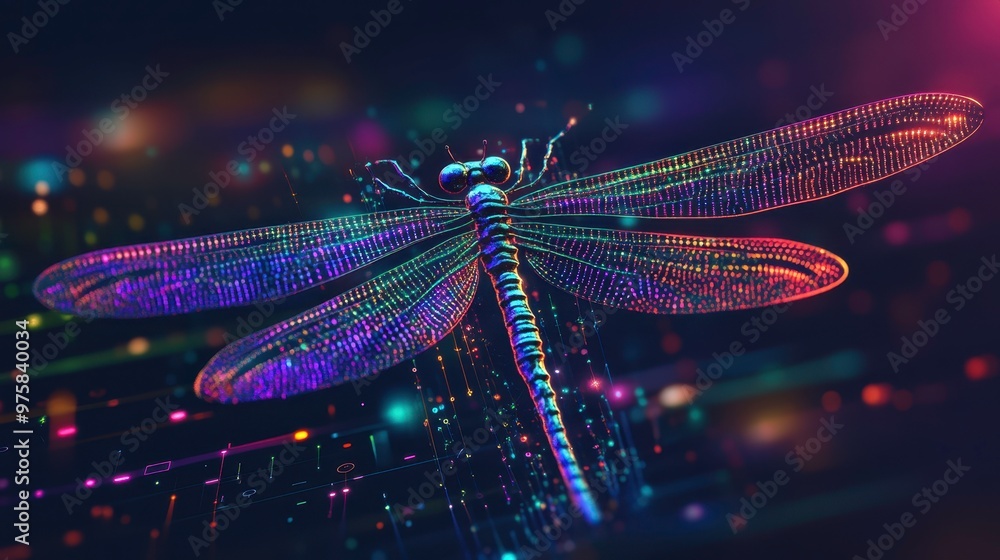 Poster colorful dragonfly soaring through digital binary code with neon lights at night