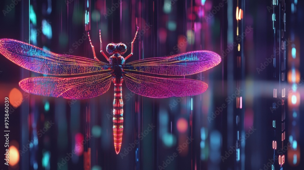 Poster colorful dragonfly surrounded by digital binary code in a minimalist aesthetic at night