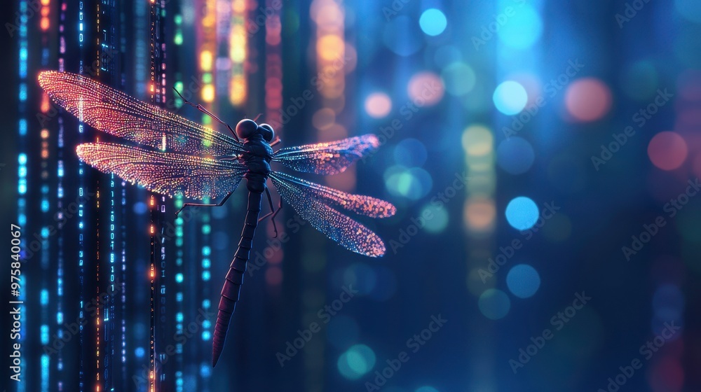 Poster Dragonfly Soaring Above Digital Binary Code With Colorful Lights in a Minimalist Setting