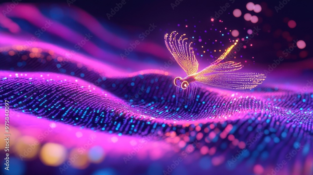 Poster dragonfly flies over digital code with pastel lights in a minimalist scene