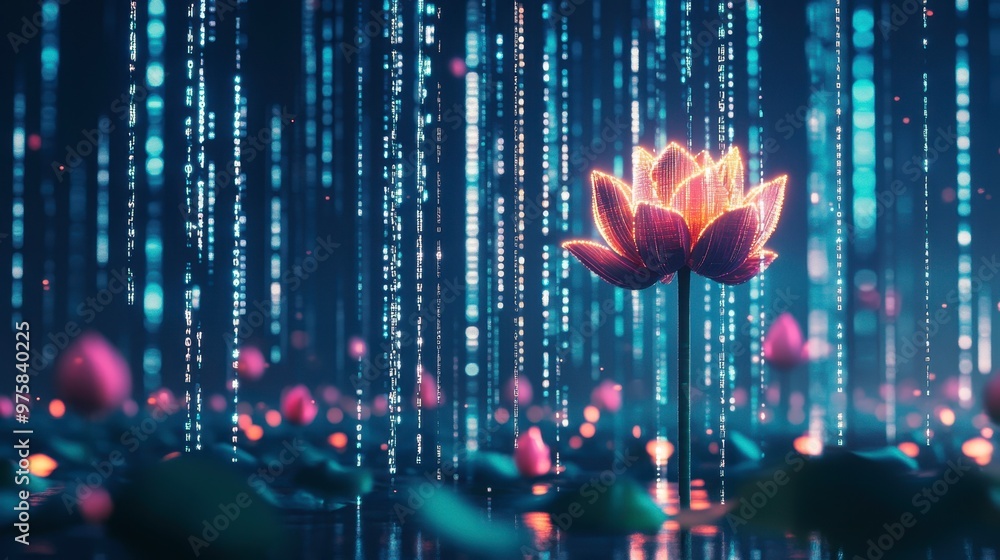 Aufkleber Digital Lotus Flower Illuminated by Flowing Neon Lights Amidst Binary Code