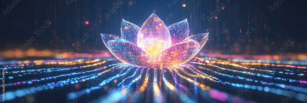 Poster Colorful Digital Lotus Blooms With Binary Code and Rainbow Lights in a Minimalist Design