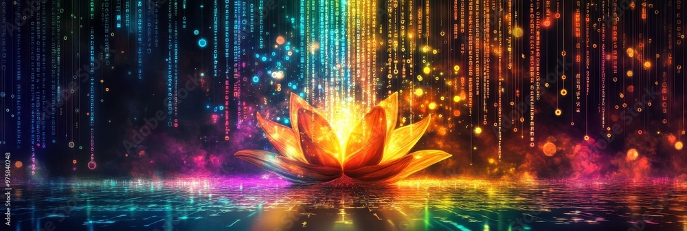 Poster Colorful Lotus Rising Amidst Digital Binary Code With Flowing Rainbow Lights in a Minimalist Design