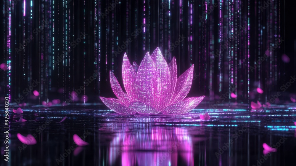 Aufkleber A Radiant Lotus Rises Amidst Flowing Binary Code and Colorful Neon Lights in a Minimalist Design